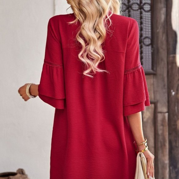 Notched Neck Flare Sleeve Pocket Dress - Picture 5 of 11